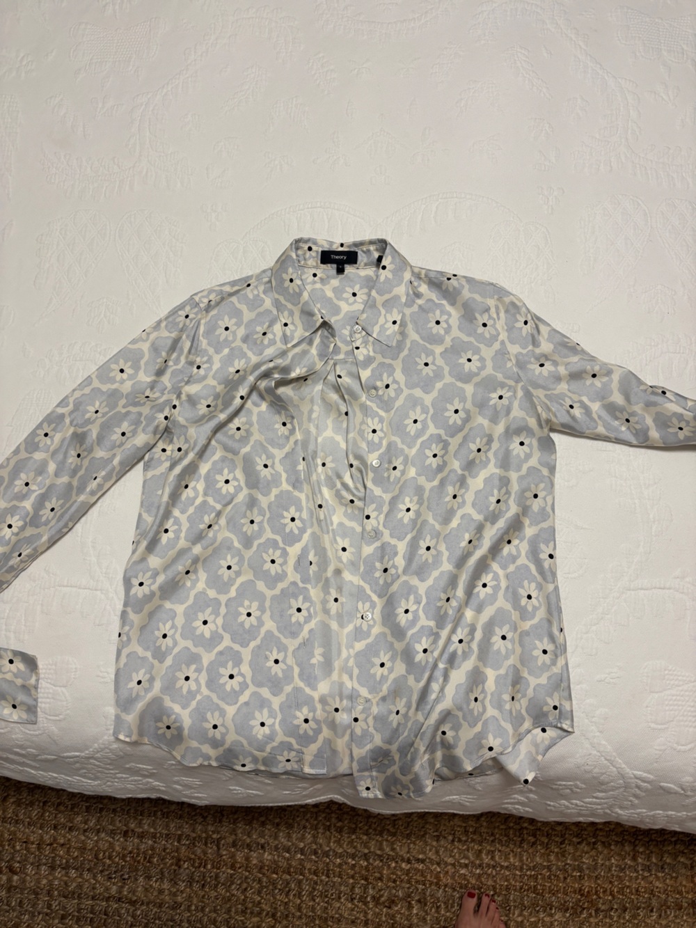 Theory 100% silk Light Blue and White Floral Button-Down Shirt